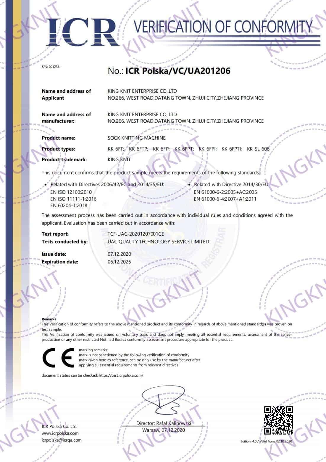 SOCK KNITTING MACHINECE CERTIFICATE